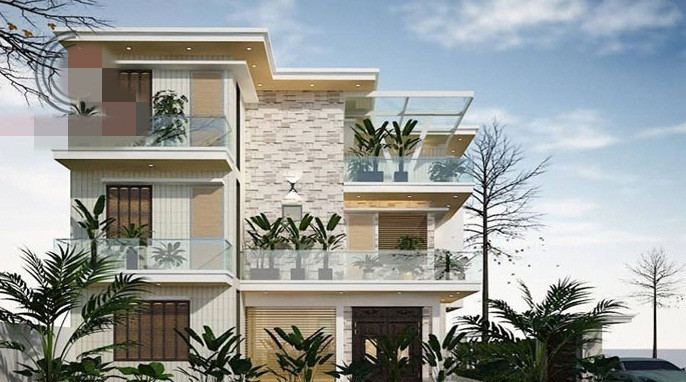Mặt tiền zigzac lùi dần vào giúp chắn bớt nắng gắt cho căn biệt thự mái bằng nhưng vẫn đón được luồng khí tự nhiên. Ảnh: Kienanvinh.