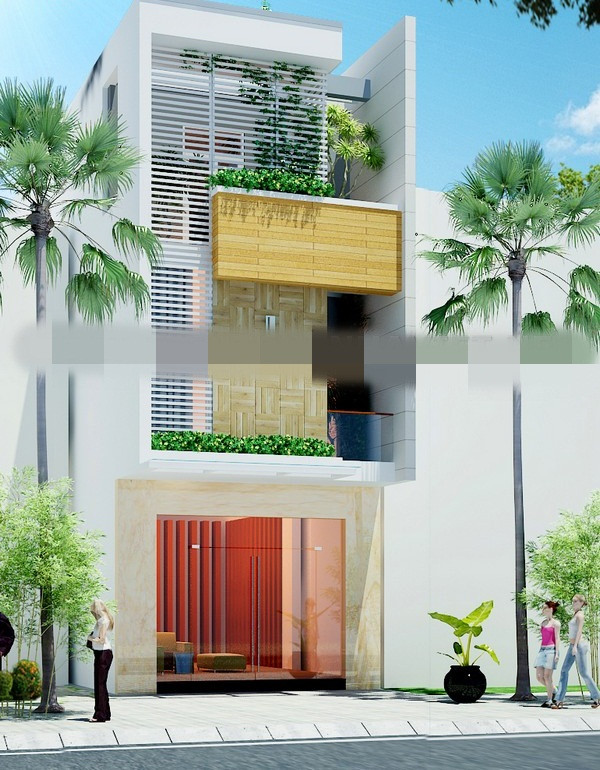 Trên diện tích 80m2, ngôi nhà phố sử dụng màu sắc đơn giản, ban công rộng và nhiều cây xanh. Ảnh: Kientrucnhaviet.