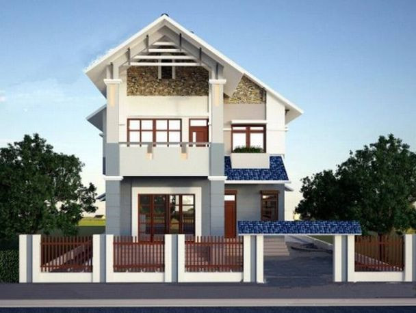 Mái ngói màu xanh ở tầng 1 và cổng vào tạo điểm nhấn mới lạ cho căn nhà. Ảnh: Thoitrangwiki.