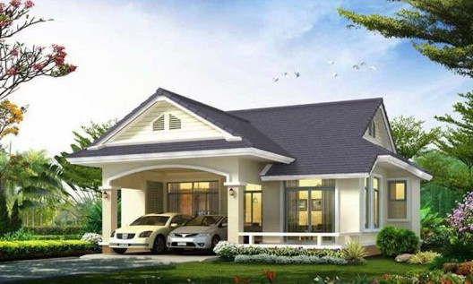 Mẫu nhà mái thái 1 tầng với sân để xe rộng rãi rất thích hợp với gia chủ có đất rộng. Ngói tím nổi bật là điểm nhấn ấn tượng nhất của công trình. Ảnh: Vtkong.