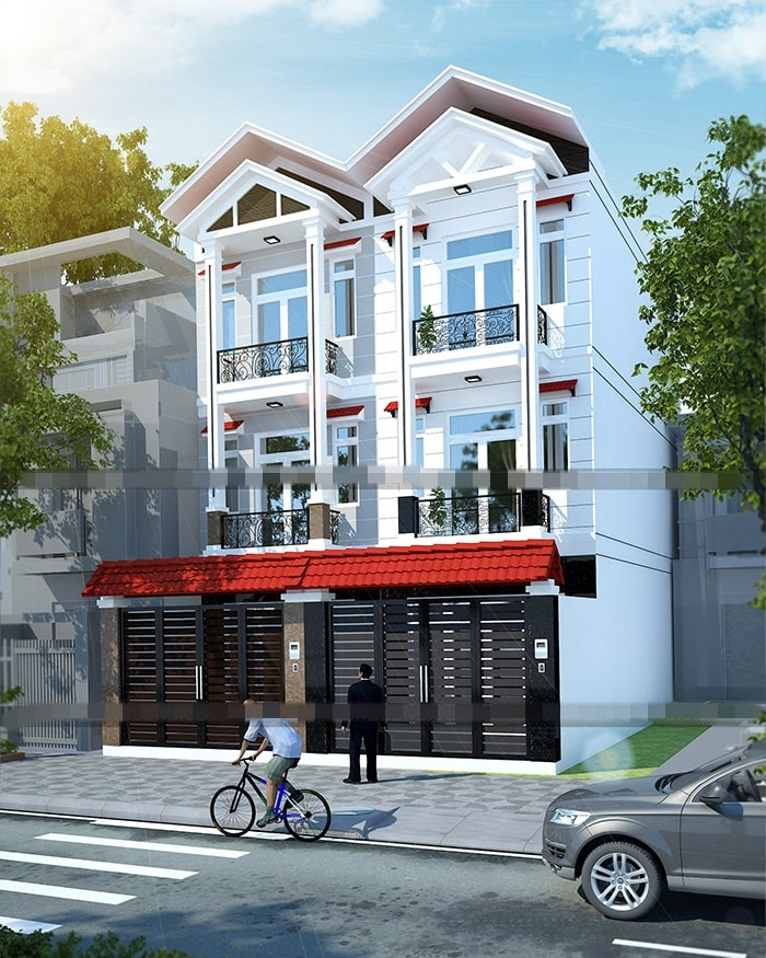 Mẫu nhà đôi 3 tầng được thiết kế thanh thoát hiện đại với những đường nét đơn giản hình khối vuông vắn. Ảnh: Xaydungnamlong.