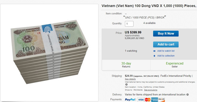 Trên các trang thương mại điện tử của nước ngoài lớn như eBay, Amazon… loại tiền mệnh giá 100 đồng được rao bán khá rộng rãi, nhưng phí quy đổi cao gấp 99 -170 lần giá trị. Trên trang eBay một cọc 1.000 tờ 1.000 đồng được bán với giá gần 4 triệu đồng. Ảnh: Zing.