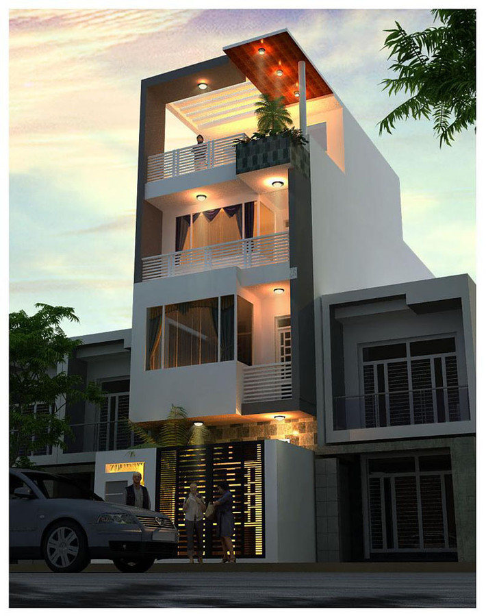 Nhà ống mái bằng hiện đại không đổ bằng mái kín hết mà tạo những khoảng hở để lấy thêm ánh sáng cho tầng thượng. Ảnh: Arcviet.