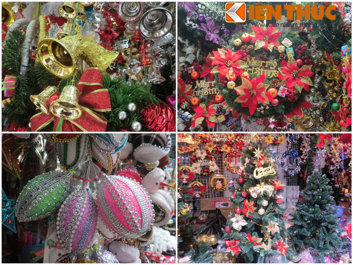 Cây thông Noel bằng nhựa có giá từ 300.000 - 500.000 đồng tùy kích thước. Các mặt hàng như chuông, vòng treo, lá đỏ có giá "mềm" hơn, từ 10.000 - 80.000 đồng/đồ.