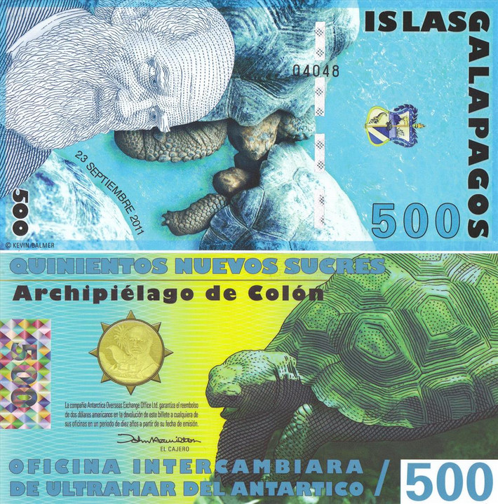 Đồng tiền 500 Sucres bằng Polyme của đảo Galapagos khá độc lạ với nhiều người. Chúng được rao bán với giá 100.000 đồng.