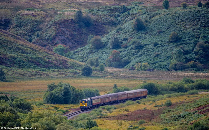 Một đoàn tàu chạy diesel di chuyển qua vùng North Yorkshire Moors.
