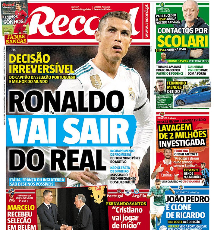Chuyển nhượng bóng đá mới nhất từ Record, 100% Ronaldo sẽ rời Real và điểm đến của siêu sao người Bồ Đào Nha có thể là MU hoặc PSG.