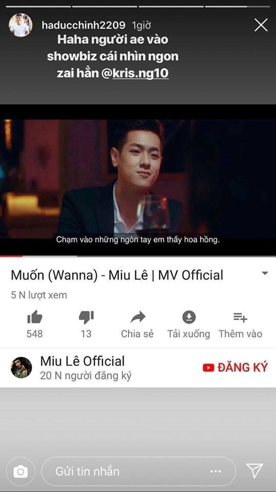 Đức Chinh từng thích thú đăng story trêu đùa Tuấn Sơn, khen anh chàng "ngon zai" khi đóng MV.