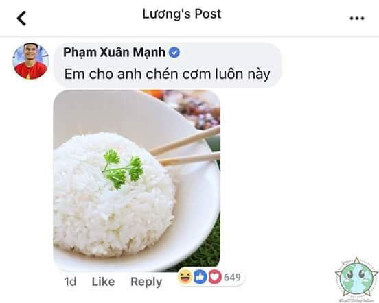 Xuân Mạnh còn đề nghị thêm cả cơm trắng cho món ăn của Xuân Trường cho có tinh bột.