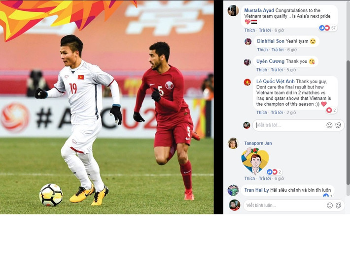 Trên fanpage của Liên đoàn Bóng đá châu Á (AFC) cũng như các trang thể thao lớn ngập tràn những dòng bình luận đầy cảm xúc. Không ít người khẳng định đội tuyển U23 Việt Nam đã làm nên lịch sử, xứng đáng là "người hùng, niềm tự hào Đông Nam Á".