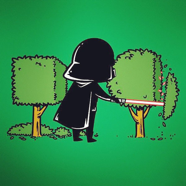 Nhân vật siêu anh hùng Darth Vader (trong phim "Star Wars") tỉa cây nhanh không ai bằng nhờ thanh kiếm ánh sáng chém sắt như cắt bún của mình.