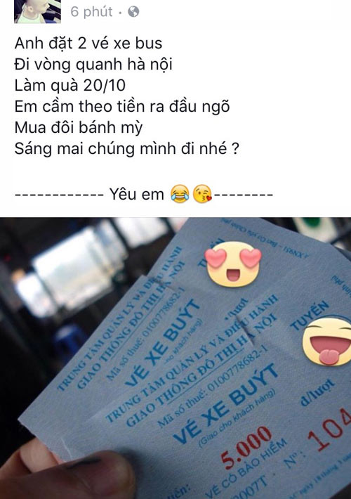 2 vé xe buýt dành cho chuyến du lịch của cặp tình nhân nhân ngày 20/10. Đủ sức ấm nóng vừa giải quyết được vấn đề bên nhau và được đi du lịch quanh thành phố.