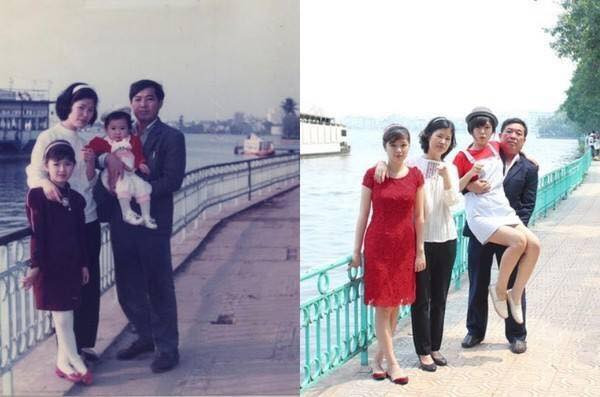 Nickname Hoàng Quỳnh chia sẻ: "Nhìn lại những bức ảnh này mình thấy nhiều sự thay đổi quá. Nhớ ngày nào còn được bố ẵm trên tay chụp ảnh ở hồ Tây mà sau 20 năm giờ bố ẵm mình không có nổi còn chị gái thì đã một nách 2 con rồi".