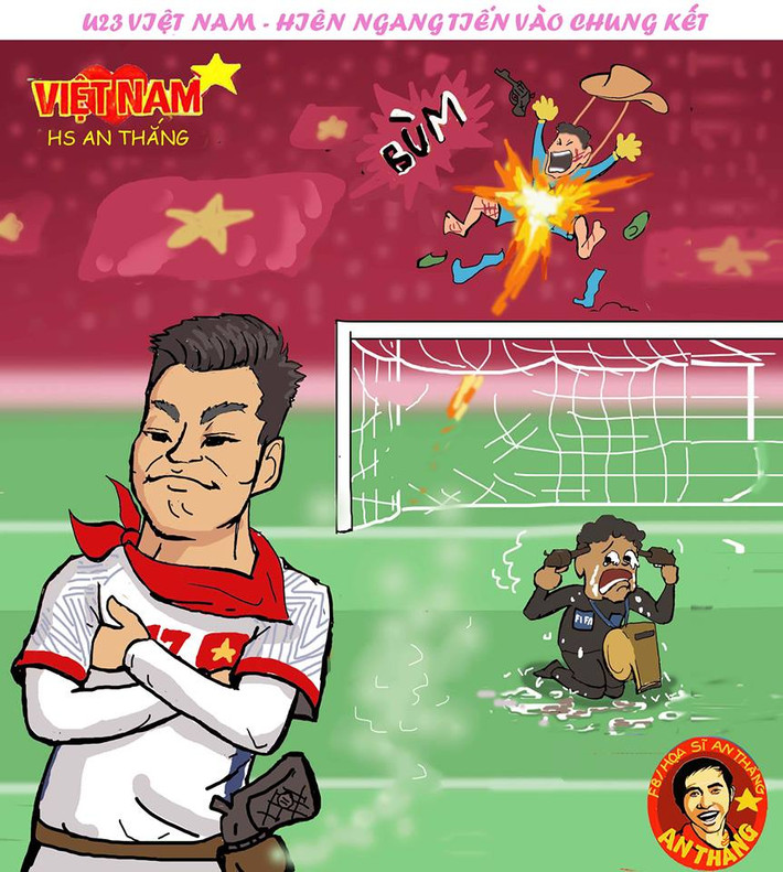 Bắn hạ U23 Qatar trong loạt "đấu súng", với "phát đạn" quyết định của Vũ Văn Thanh, U23 Việt Nam hiên ngang tiến vào chung kết, giống hệt tư thế ăn mừng của hậu vệ quê gốc Hải Dương.