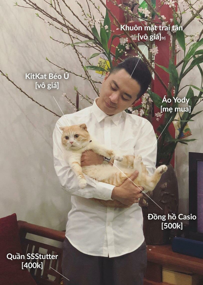 Bên cạnh những item quen thuộc như áo, quần, giày thì nhiều "thánh lầy" còn gom hẳn những món như dép lào, khẩu trang, vớ hoặc thậm chí em mèo nhà mình vào để tăng thêm độ hài hước cho bài đăng khoe đồ hàng hiệu đang mặc trên người.
