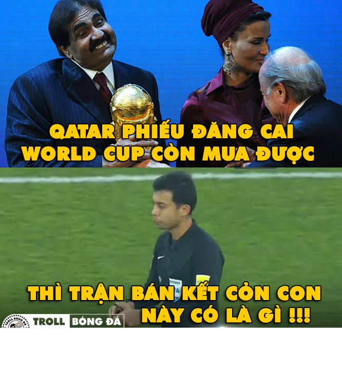 Trước trận đấu, nhiều người cho rằng với thế mạnh tài chính của mình Qatar còn mua được phiếu đăng cai World Cup thì trận bán kết với U23 Việt Nam thì không là gì với họ?. Ảnh sử dụng trong bài: Troll Bóng Đá.