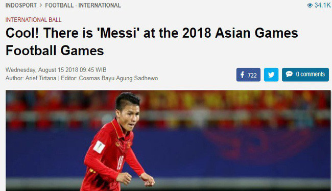 Truyền thông chủ nhà ví Quang Hải là "Messi của ASIAD 2018": Môn bóng đá nam của Asian Games 2018 có một 'Messi'" - trang IndoSport của nước chủ nhà ASIAD 2018 đã giật title như vậy khi nói về Quang Hải của Olympic Việt Nam.