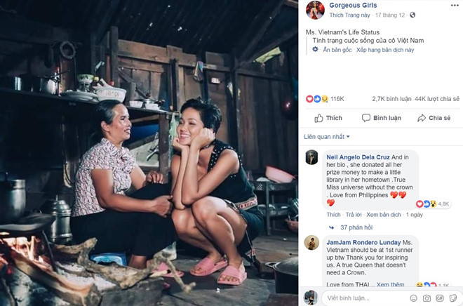 Những bức ảnh đời thường của Hoa hậu H'Hen Niê ngay sau khi đăng tải đã nhận được 116.000 lượt thích, 44.000 lượt chia sẻ và hơn 2.700 bình luận, hầu hết đều đến từ khán giả quốc tế.