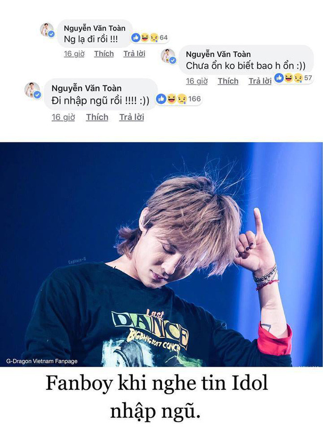 Thậm chí khi 3/5 các thành viên Big Bang phải nhập ngũ, Văn Toàn còn buồn mất mấy ngày. Chàng tiền cầu thủ U23 Việt Nam còn không ngần ngại đặt ảnh mình cạnh 5 thành viên của Big Bang và tự nhận mình là thành viên thứ 6.