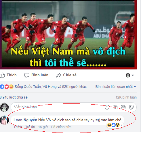 Còn trên mạng xã hội nhiều người đã nhận thách thức nếu Việt Nam vô địch sẽ cạo đầu trọc, chia tay người yêu hay thoát y đi giữa phố. Tất cả những hình ảnh và thông tin trên đã nhận được sự đả kích rất nhiều từ người dân và cộng đồng mạng. Vui mừng tận hưởng chiến thắng nhưng việc tạo ra những hậu quả, làm ảnh hưởng đến an ninh, trật tự trị an hay tạo ra hình ảnh trái với thuần phong mỹ tục của những người quá khích cũng cần phải được ngăn chặn. Nếu đội tuyển U23 Việt Nam tiếp tục tiến vào chung kết, ý thức, sự tiết chế cảm xúc của người hâm mộ càng cần được chú trọng hơn nữa.