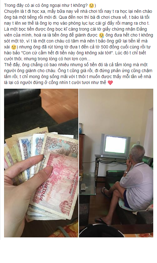 Trước đó, dân mạng cũng từng rưng rức nước mắt khi một dòng tâm sự nhói lòng về người ông đã lấy đi bao nước mắt của hàng nghìn người của một nickname trên mạng xã hội.