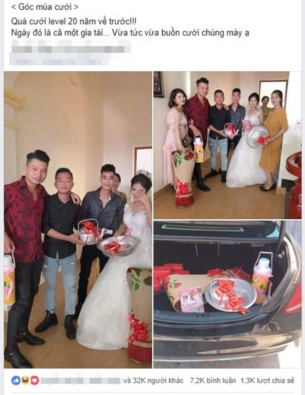 Mới đây, một nhóm bạn thân ở Hải Dương đã có những món quà cưới không đụng hàng dành cho cô dâu, chú rể. Cụ thể, thay vì trao phong bì chứa tiền mừng, nhóm bạn này đã mạnh dạn quay trở về thập niên 80 khi mua phích nước, chiếu cói, chậu nhôm, ấm nước để mừng tân hôn.