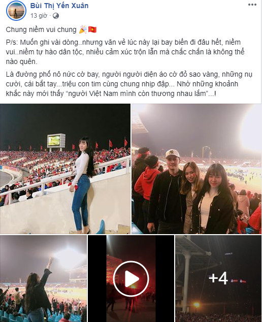 Hòa chung với không khí ăn mừng đội tuyển Việt Nam vô địch, dàn người yêu và bạn gái của các cầu thủ cũng có cách cổ vũ riêng của mình. Bạn gái của thủ môn Đặng Văn Lâm là Yến Xuân đã đáp chuyến bay từ TP HCM ra Hà Nội để chứng kiến khoảnh khắc đăng quang.