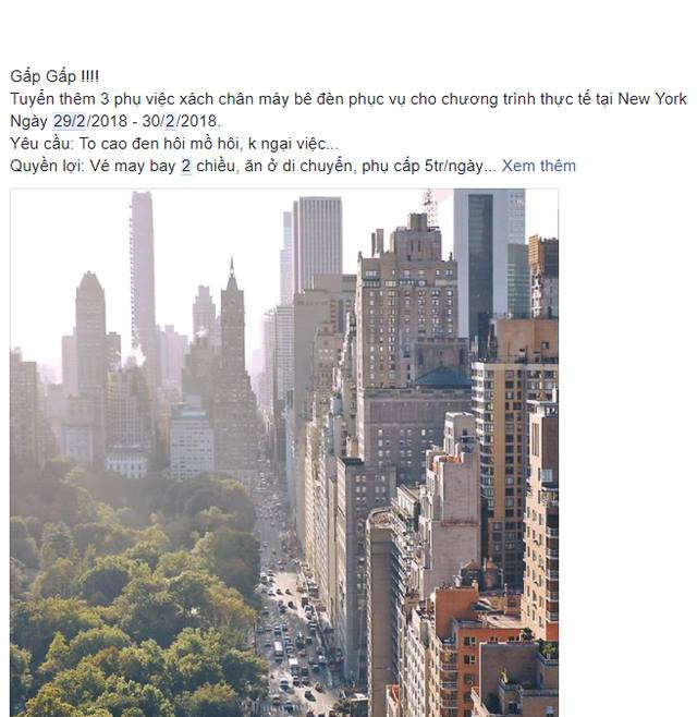 Thông tin tuyển dụng với mức ưu đãi không tưởng như đi New York (Mỹ) miễn phí, bao ăn ở và lương được 5 triệu đồng mỗi ngày thu hút được nhiều sự quan tâm của dân mạng trong ngày 29/2 và không ít người đã dính cú lừa ngoạn mục.