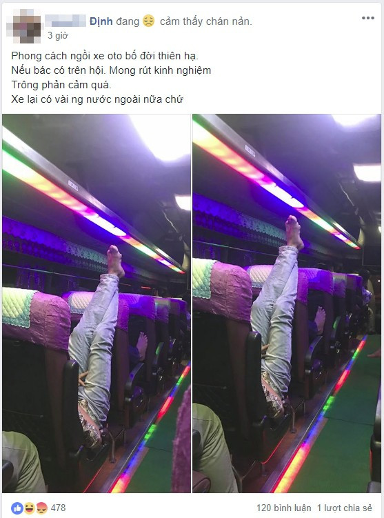Những ngày qua trên MXH bức hình về đôi chân vô duyên của một hành khách được ghi lại trên chuyến xe đường dài được dân mạng đăng tải và chia sẻ rộng rãi. Cùng với đó, rất nhiều ý kiến của CĐM cũng được đưa ra.