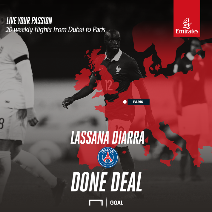 PSG chính thức sở hữu Lassana Diarra theo dạng chuyển nhượng tự do với bản hợp đồng có thời hạn 1 năm rưỡi.