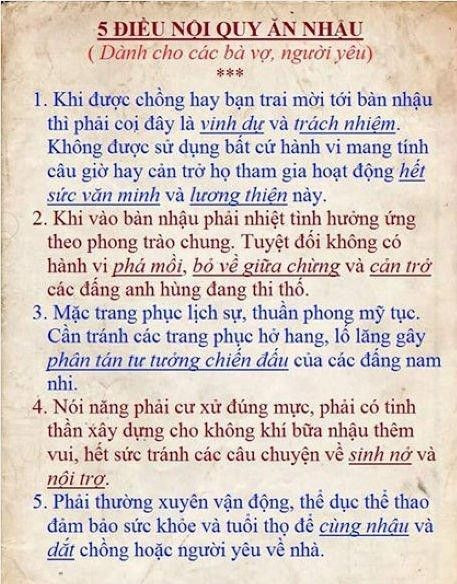 Lại thêm một quy định có 1-0-2 dành cho các bà vợ, người yêu khi đi vào quán nhậu cùng chồng, bạn trai.