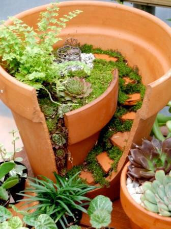 Một tạo hình sáng tạo từ chiếc bình trồng hoa bằng gốm và các loại sen đá, cỏ, rêu xanh.