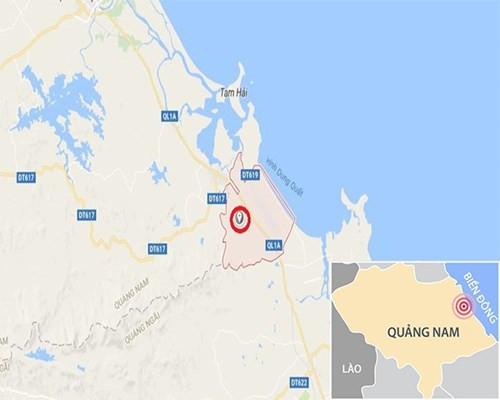 Vụ va chạm cũng khiến cho tài xế lái xe tải bị thương. Ảnh khu vực xã Tam Nghĩa, huyện Núi Thành (Quảng Nam), nơi xảy ra tai nạn. Ảnh: Google Maps (đăng tải trên Zing).