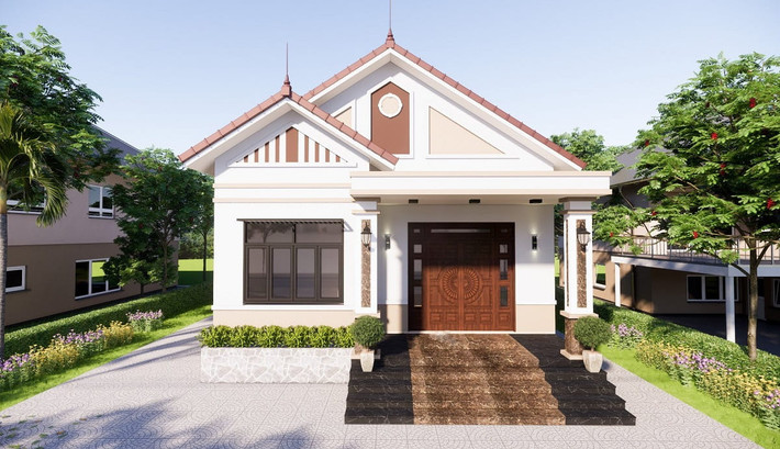 Mẫu nhà cấp 4 mái thái xây trên khu đất 5x20m nổi bật với thiết kế truyền thống nhưng rất sang trọng. Ảnh: Menoithat
