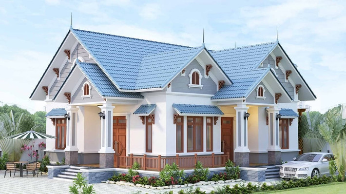 Nhà cấp 4 mái thái có sân vườn là lựa chọn phù hợp với gia đình có diện tích rộng. Ảnh: Menoithat