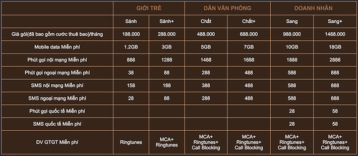 Với những sim Vip, người dùng được hưởng các ưu đãi như quyền sử dụng phòng chờ hạng thương gia cho tất cả các chuyến bay nội địa, quốc tế tại sân bay Nội Bài, Tân Sơn Nhất…, nhận ưu đãi từ California Fitness hay các khách sạn 5 sao như Six Senses Ninh Van Bay.