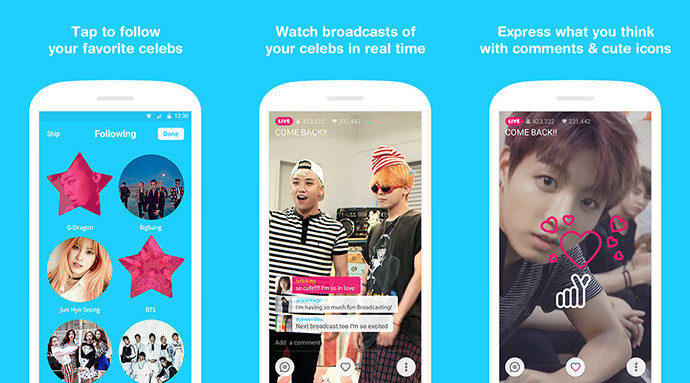 V-Live là ứng dụng phát video trực tiếp của Naver, gã khổng lồ trực tuyến Hàn Quốc. Đây là một dịch vụ phát song video trwch tuyến trên toàn cầu, cho phép người dùng có thể theo dõi người nổi tiếng ở bất cứ đâu. Ảnh: Techrum.