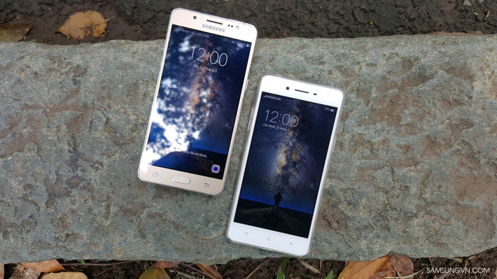 Oppo F1 tỏ ra vượt trội hơn nhờ được trang bị lớp kính cường lực Gorila Glass 4, tạo sự bền vững trong quá trình sử dụng. Trong khi đó, Galaxy J5 2016 không có kính cường lực chống trầy xước. Ảnh: Samsung.