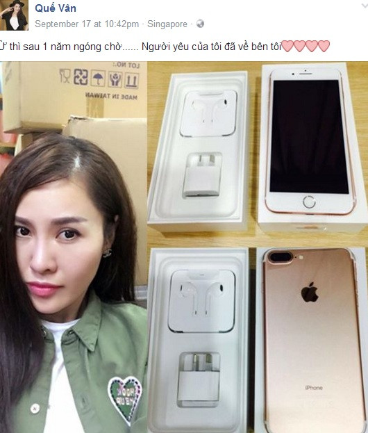 Quế Vân vui mừng sau một năm ngóng chờ iPhone 7. Ảnh: Facebook Quế Vân.