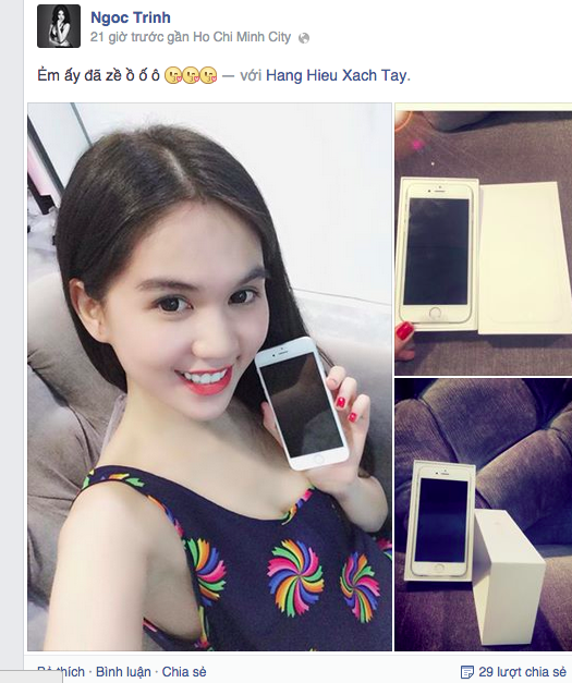 Ngọc Trinh khoe chiếc iPhone 6 mới cóng trên trang cá nhân. Ảnh: Facebook Ngoc Trinh.