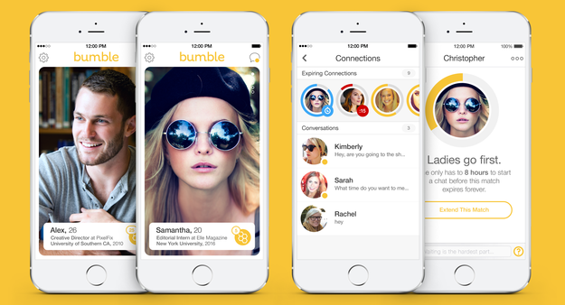 Bumble là ứng dụng hẹn hò nhấn mạnh vào tính an toàn và cho phụ nữ quyền kiểm soát. Theo đó, phụ nữ có quyền thích hoặc không thích hay có thể gửi thông điệp tới người khác giới trước. Ảnh: BuzzFeed.