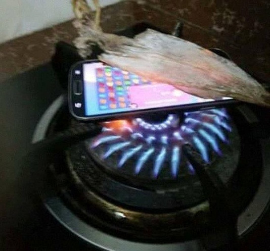 Có vẻ như muốn thể hiện mình là người chịu chơi, anh chàng này đã dùng smartphone để nướng mực. Ảnh: Game4v.