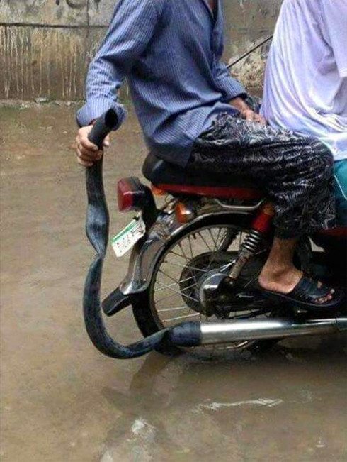 Nối dài ống xả xe máy bằng ống nhựa hoặc xăm lốp bỏ đi cũng là một cách kiếm tiền độc đáo, hạn chế tình trạng ống xả bị vào nước. Tùy theo chất liệu đoạn ống nối dài mà thợ sửa xe lấy giá khác nhau.