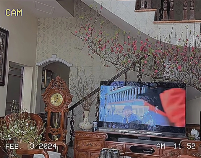 Phòng khách thiết kế khá đơn giản với nội thất gỗ, tường dán giấy hoa văn nhẹ nhàng và được tô điểm bằng cành đào dáng huyền. Ảnh: FBNV