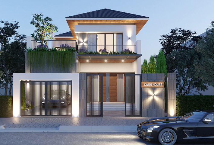 Nhà mái Nhật chữ L ấn tượng với ban công nhiều cây xanh. Ngoại thất thiết kế đơn giản, không có quá nhiều chi tiết hoa văn. Ảnh: SBShouse