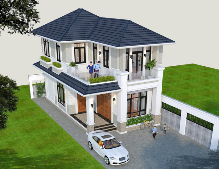 Mẫu nhà mái Nhật 2 tầng sử dụng gam màu trắng chủ đạo kết hợp cùng mái xanh mang đến sự cân đối cả về thị giác và tỉ lệ màu sắc. Ảnh: Wedo