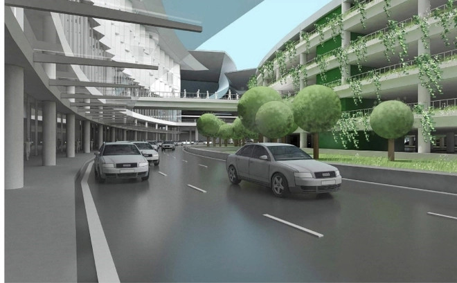 Nhà để xe 4 tầng được thiết kế hiện đại với màu xanh chủ đạo của hệ thống cây xanh. Ảnh: ACV