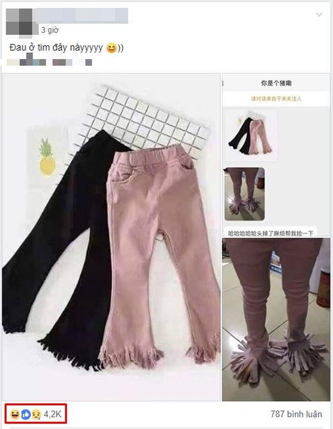 Thế nhưng đến khi nhận được hàng thì đúng là không nói nên lời. Cũng là màu hồng, cũng có tua rua mà sao lại khác nhau một trời một vực đến thế? Không những thế, chiếc quần còn dài đến nỗi tua rua có thể phủ hết phần sàn nhà xung quanh chân cô gái và nhiều người đã liên tưởng tới cái giẻ lau nhà.