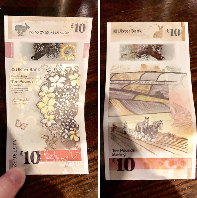 9. Một tờ tiền 10 bảng với họa tiết thiết kế theo chiều dọc, Ireland.