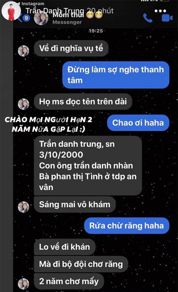 Sau ít ngày tập trung cùng đội tuyển U23 Việt Nam, Danh Trung bất ngờ nhận được đoạn tin nhắn với một người bạn cùng quê. Cụ thể người bạn này cho biết, trên đài phát thanh của xã đã đọc tên của chàng cầu thủ trong đợt khám nghĩa vụ quân sự.